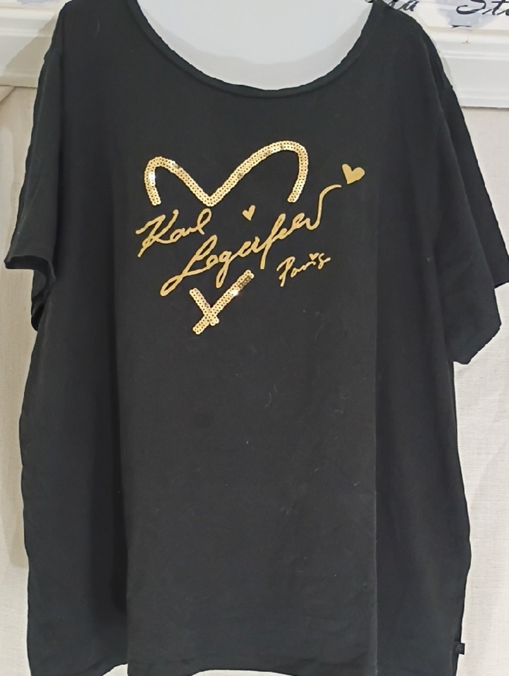 Karl Lagerfeld Black Tee with Gold Graphic Heart and Script